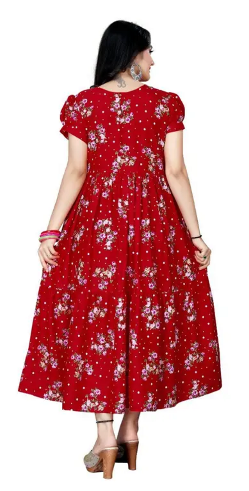 Women's Floral Print Crepe Stitched Flared/A-line Gown (Red) (Size XL)