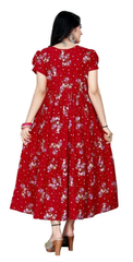 Women's Floral Print Crepe Stitched Flared/A-line Gown (Red) (Size XL)