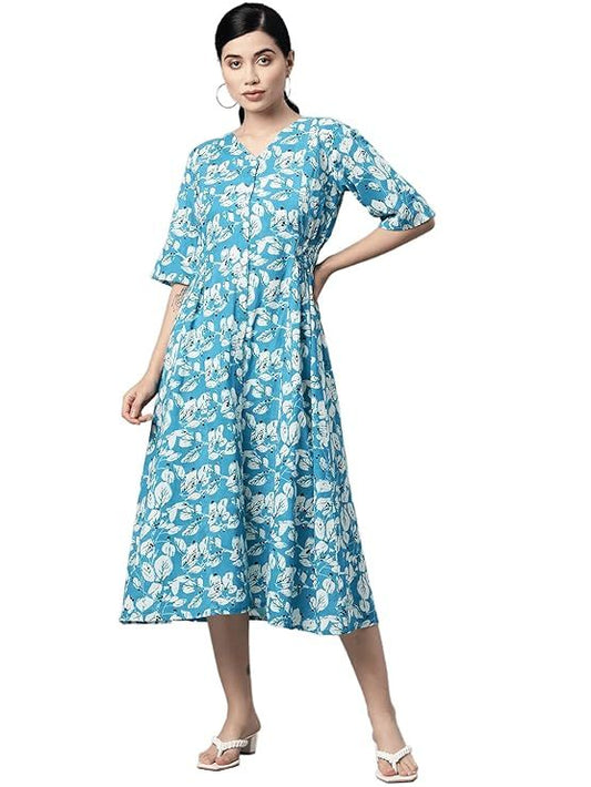 Cotton Floral Print A-Line Dress (Size-L) (COLOR-SKY BLUE)