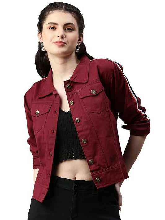 Versatile Stipped Sleeves Denim Jacket for Women & Girls - Flattering