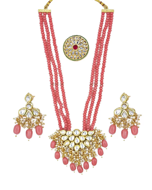 Pearl-Beaded Long Necklace & Earrings Set with Ring (Color-PINK)