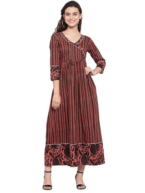 Cotton Striped Print A-Line Dress (Size-L) (COLOR-BROWN)