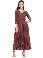 Cotton Striped Print A-Line Dress (Size-L) (COLOR-BROWN)