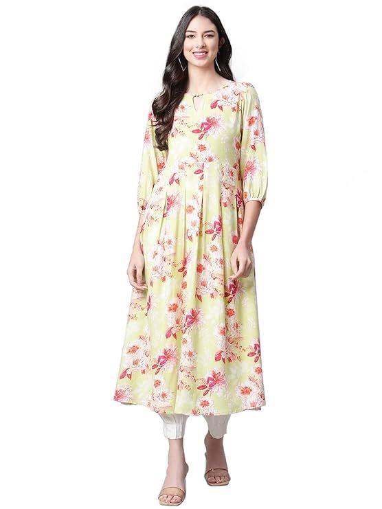 Rayon Floral Print A-Line Dress Peach flower printed (Size-M)