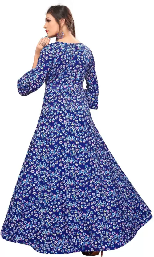 Women's Printed Crepe Stitched Anarkali Gown (Blue) (Size L)