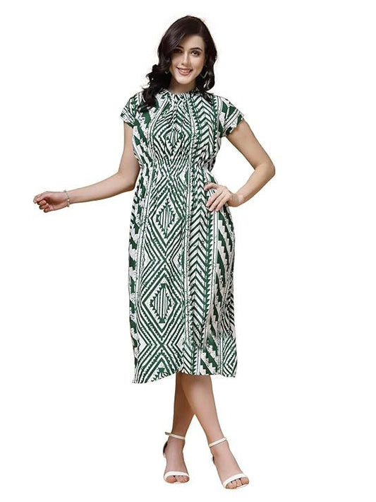 Geomatric Print Rayon Flared Dress (Size-2XL) (COLOR-GREEN)