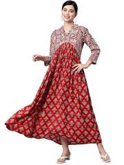 Rayon Paisley Print A-Line Dress (Size-L) (COLOR-RED)