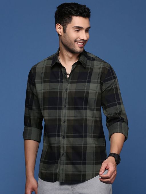 Mens Checked Slim Fit Green Shirt (Size-S)(Color-GREEN)