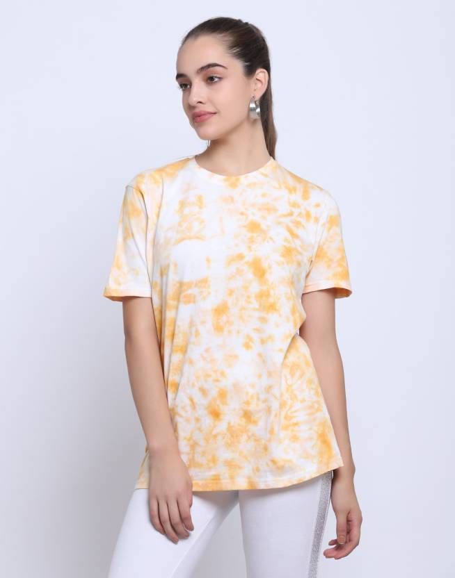 Scrunch Women Tie & Dye Round Neck Pure Cotton Orange T-Shirt (Size-M)