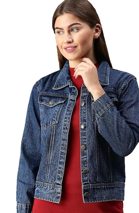 Women's Denim Jacket Cotton Blend Mild Wash Short Length (Size-M)