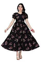 Women's Floral Print Crepe Stitched Flared/A-line Gown (Black) (Size