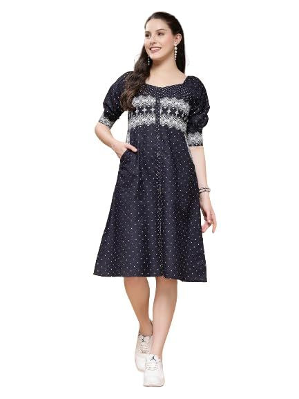 Denim Blue Geometric Print A-Line Dress (Size-L) (COLOR-BLUE)