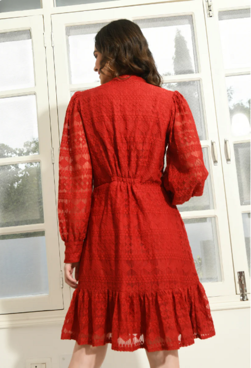 RED NET FULL SLEEVE BALLOON DRESS (Size M)