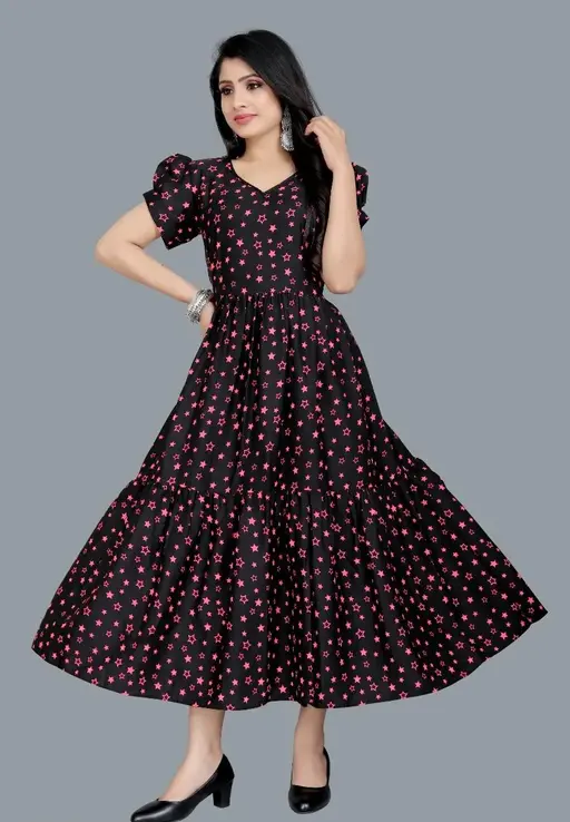 Women's Printed Crepe Stitched Anarkali Gown (Black) (Size L)