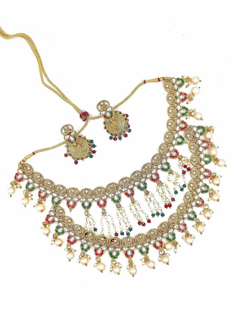 Beautiful Gold-Plated Stone-Studded Necklace & Earrings Set