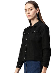 Women's Denim Jacket Cotton Blend Mild Wash Short Length black Solid