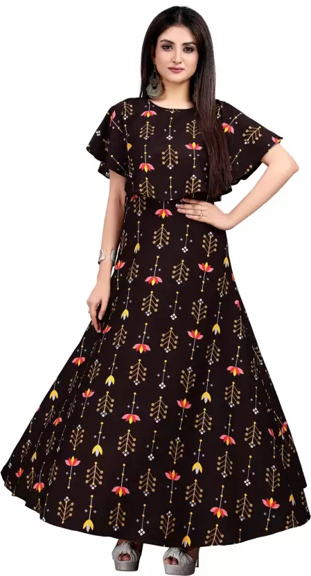 Women's Printed Crepe Stitched Anarkali Gown (Brown) (Size XL)