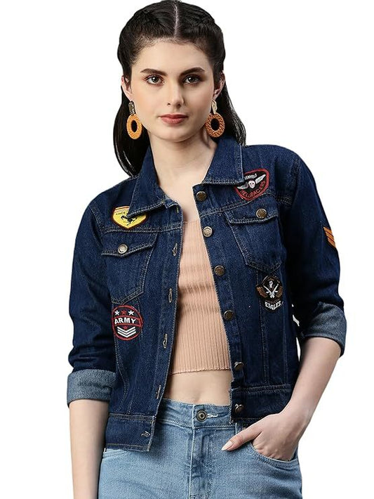 Women's Denim Jacket Cotton Blend Mild Wash Short Length with patches