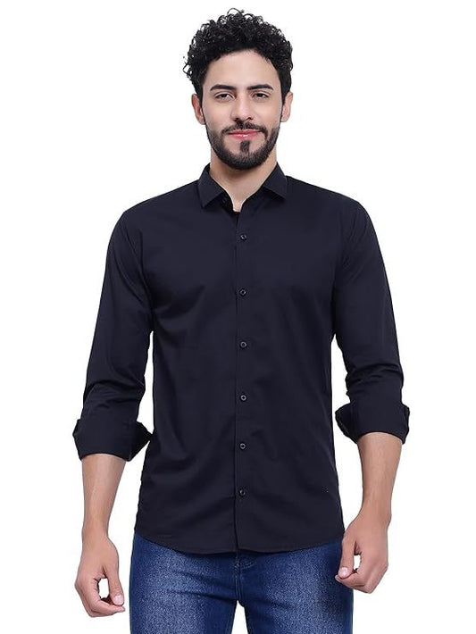 Solid Regular Fit Cotton Casual Shirt with Spread Collar & Full