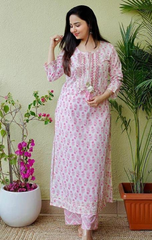 Women Pink Rayon embroidery work kurti with pant set Size XXL