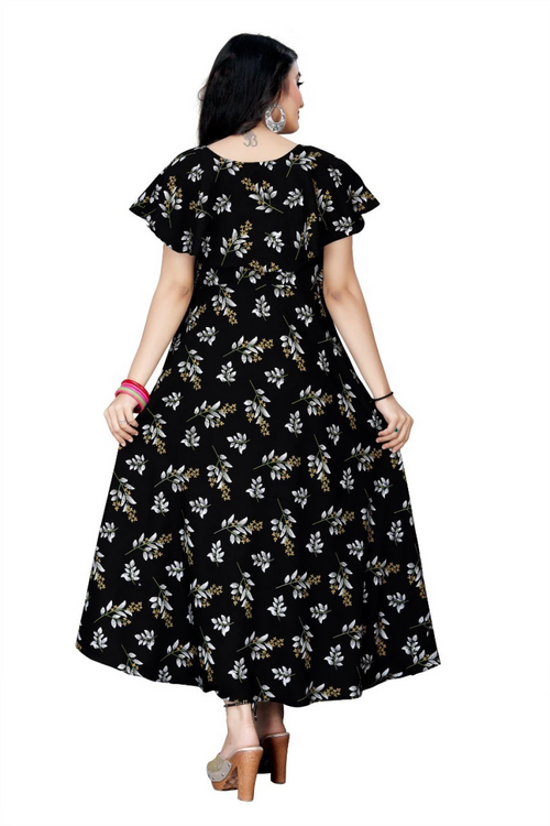 Women's Floral Print Crepe Stitched Flared/A-line Gown (Black) (Size