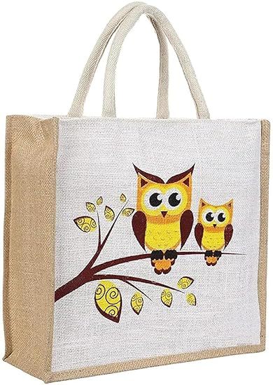 Yellow Owl printed jute Bag