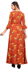 Women's Printed Crepe Stitched Anarkali Gown (Orange) (Size L)