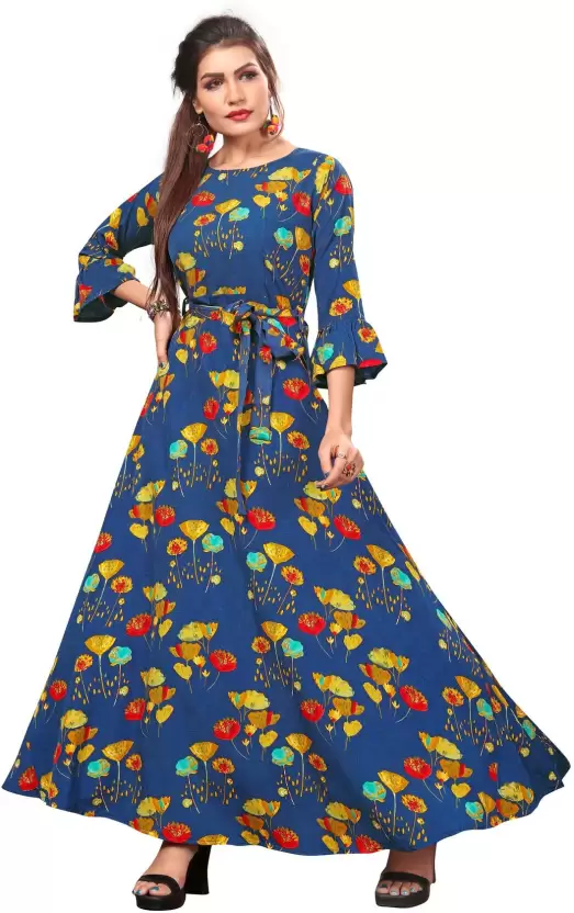 Women's Printed Crepe Stitched Anarkali Gown (Dark Blue) (Size XL)