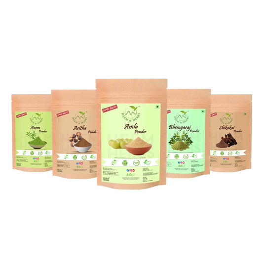 100% Natural Shikakai Amla Reetha Brngaraj Neem Powders Combo (Pack of