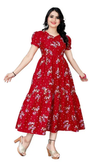 Women's Floral Print Crepe Stitched Flared/A-line Gown (Red) (Size XL)