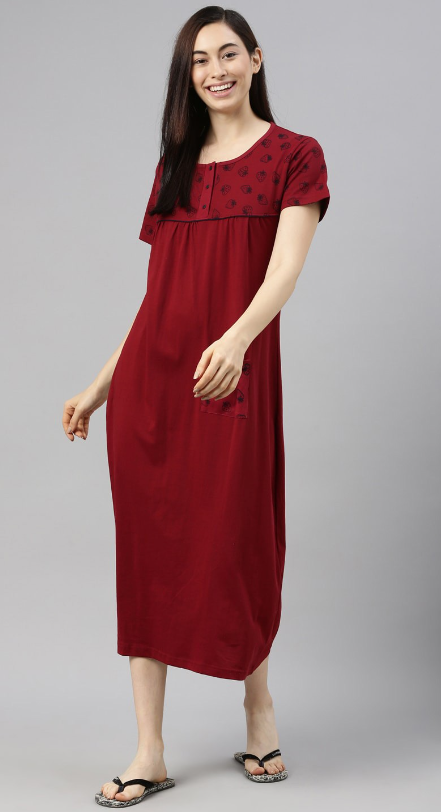 Women Printed Pure Cotton Nightdress Maroon(Size L)