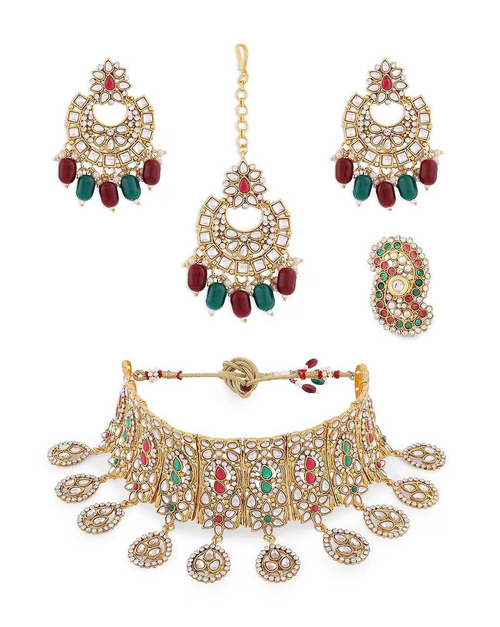 Gold-Plated Stone-Studded Necklace & Earrings Set Choker