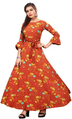 Women's Printed Crepe Stitched Anarkali Gown (Orange) (Size L)