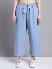 Women Blue multi pocket denim finish Culottes Cargo cotton Pant 28