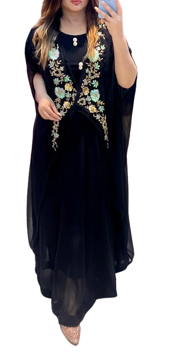 Women'sDesigner Handwork Gown With Shrug(ColorBlack)(Size42)