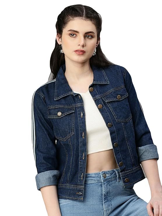 Women's Denim Jacket Cotton Blend Mild Wash Short Length WIth white