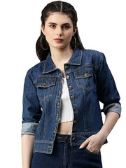 Women's Denim Jacket Cotton Blend Mild Wash Short Length blue Solid