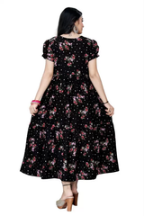 Women's Floral Print Crepe Stitched Flared/A-line Gown (Black) (Size