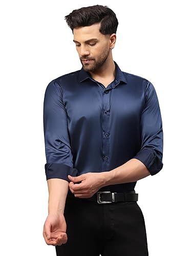 Men Regular Fit Full Sleeve Satin Silk Shirt (Size-M) (Color-NAVY