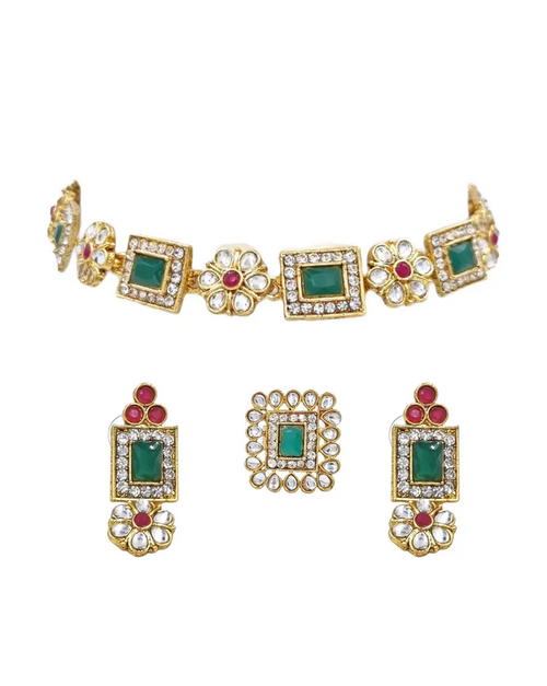 Kundan-Studded Necklace & Earrings Set with Ring Square Design