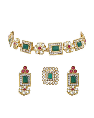 Kundan-Studded Necklace & Earrings Set with Ring Square Design