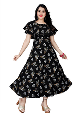 Women's Floral Print Crepe Stitched Flared/A-line Gown (Black) (Size