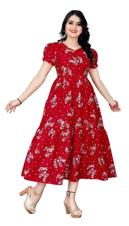 Women's Floral Print Crepe Stitched Flared/A-line Gown (Red) (Size M)