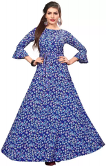 Women's Printed Crepe Stitched Anarkali Gown (Blue) (Size L)