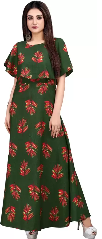 Women's Printed Crepe Stitched Anarkali Gown (Green) (Size L)