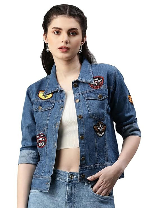 Women's Denim Jacket Cotton Blend Mild Wash Short Length with patches