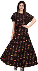 Women's Printed Crepe Stitched Anarkali Gown (Brown) (Size L)