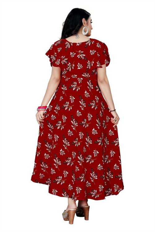 Women's Floral Print Crepe Stitched Flared/A-line Gown (Maroon) (Size