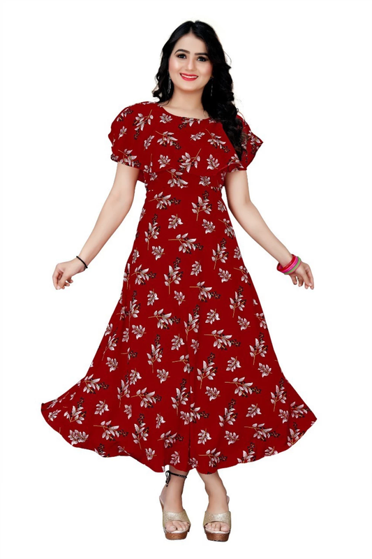 Women's Floral Print Crepe Stitched Flared/A-line Gown (Maroon) (Size