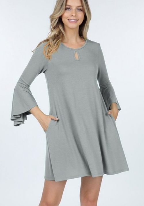 Light Gray Ruffle Sleeve Dress with Keyhole and Pockets